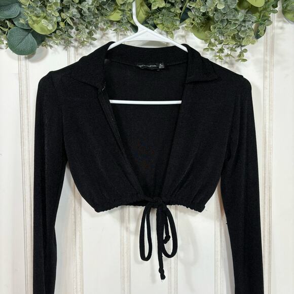 PrettyLittleThing Black Crop Tie‎ Up Long Sleeve Blouse Casual Sexy size 0 - Picture 3 of 4